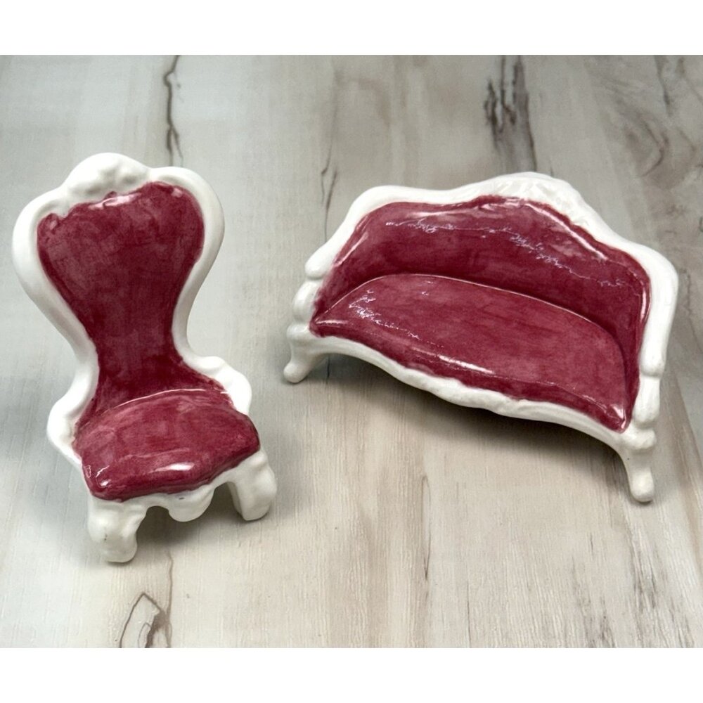 VTG Lot 2 Ceramic Handpainted Pink/White Victorian SOFA & CHAIR Dollhouse EUC
